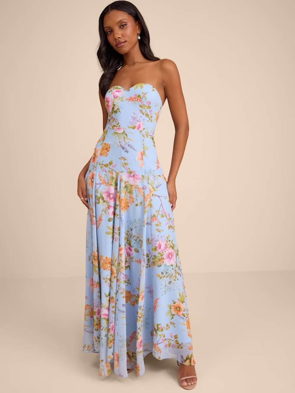 NWT Lulus Alandria Light Blue Floral Drop Waist Maxi Dress